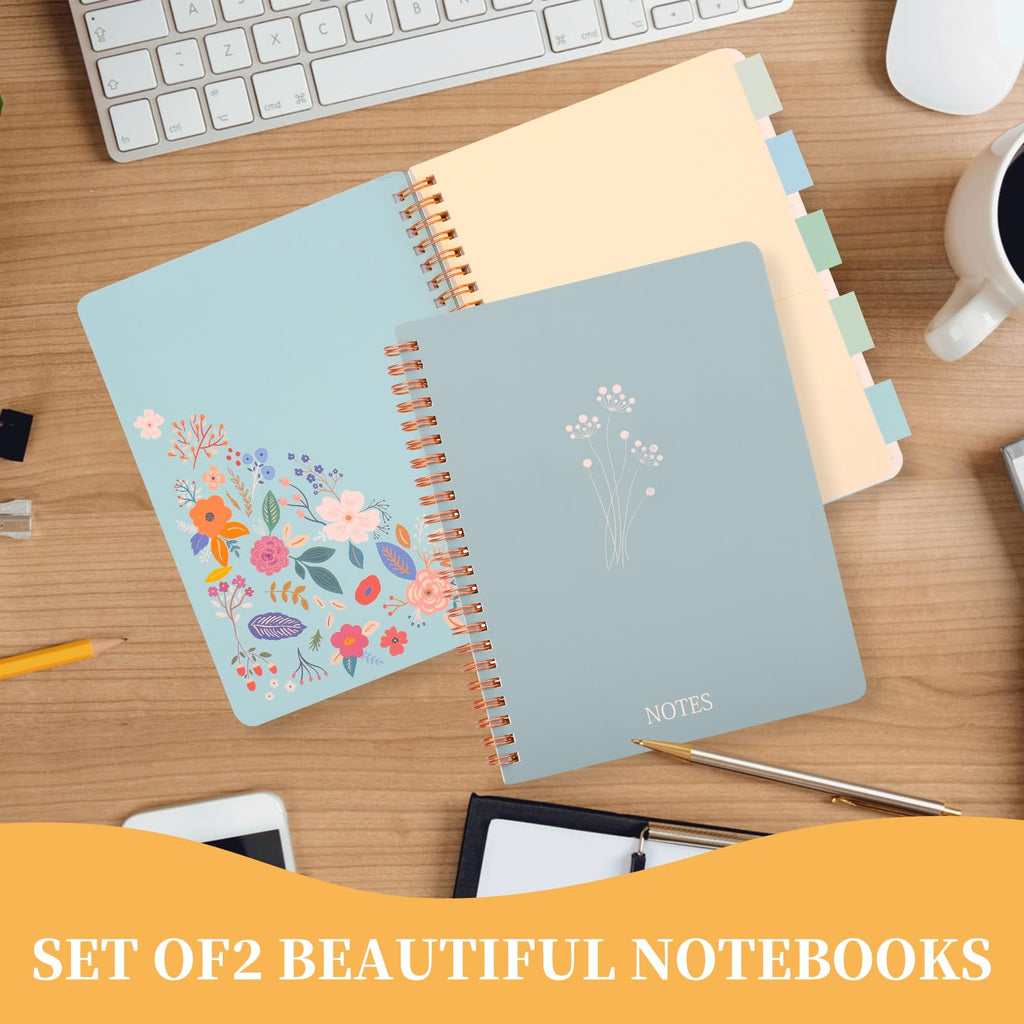 Aesthetic Spiral Notebook Set of 2 For Women - Artistic flower 6.5" x 8.3" College Ruled Notebook With Large Pockets And Lined Pages -Boost Productivity at Work or School