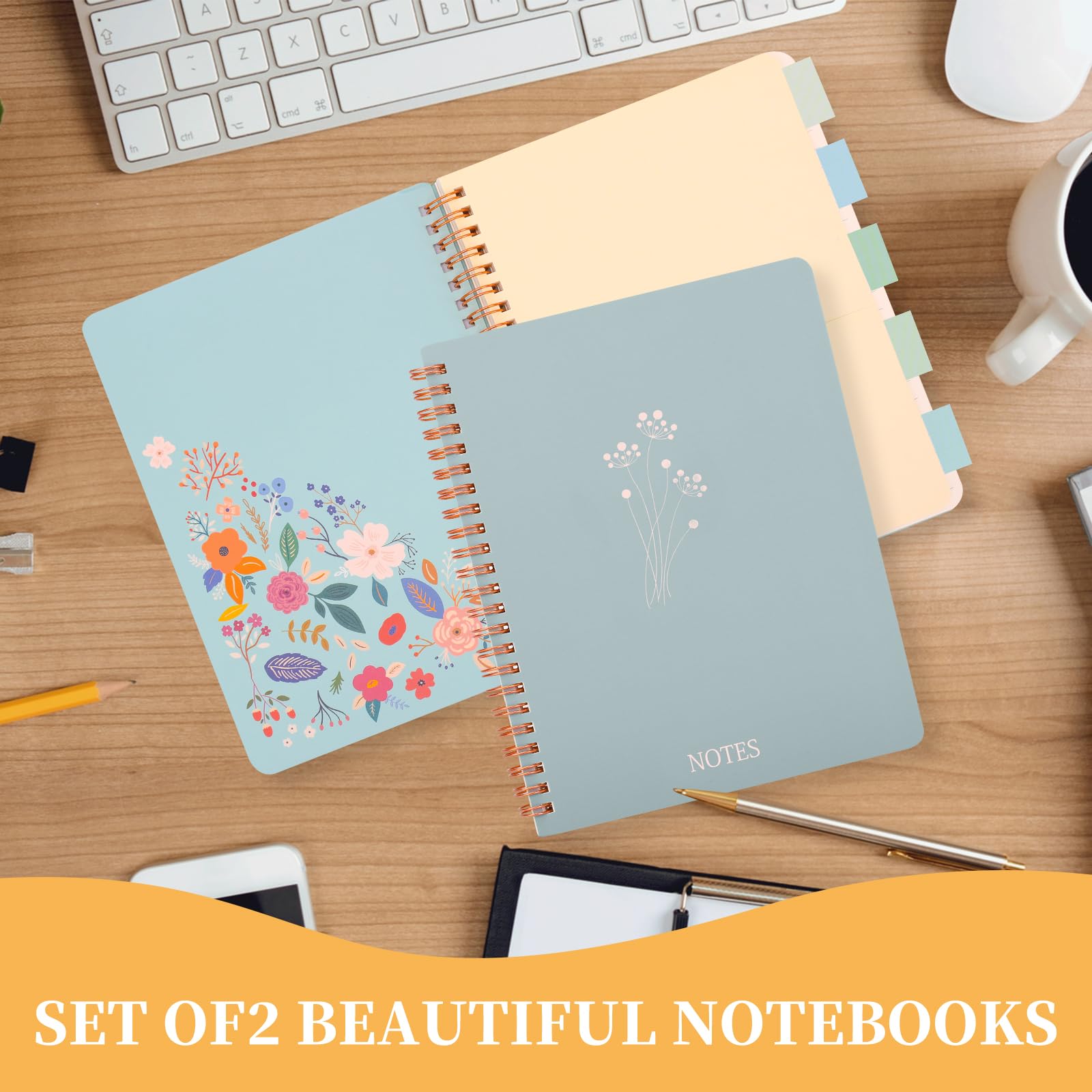 Aesthetic Spiral Notebook Set of 2 For Women - Artistic flower 6.5" x 8.3" College Ruled Notebook With Large Pockets And Lined Pages -Boost Productivity at Work or School