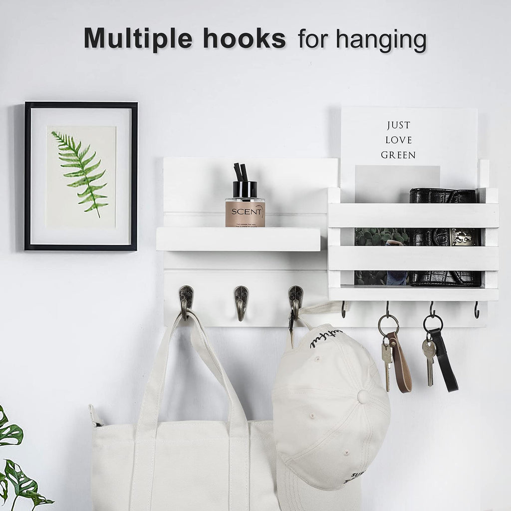Lwenki Mail Organizer for Wall Mount – Key Holder with Shelf Includes Letter Holder and Hooks for Coats, Dog Leashes – Rustic Wood with Flush Mounting Hardware (16.5” x 8.7” x 3.5”)