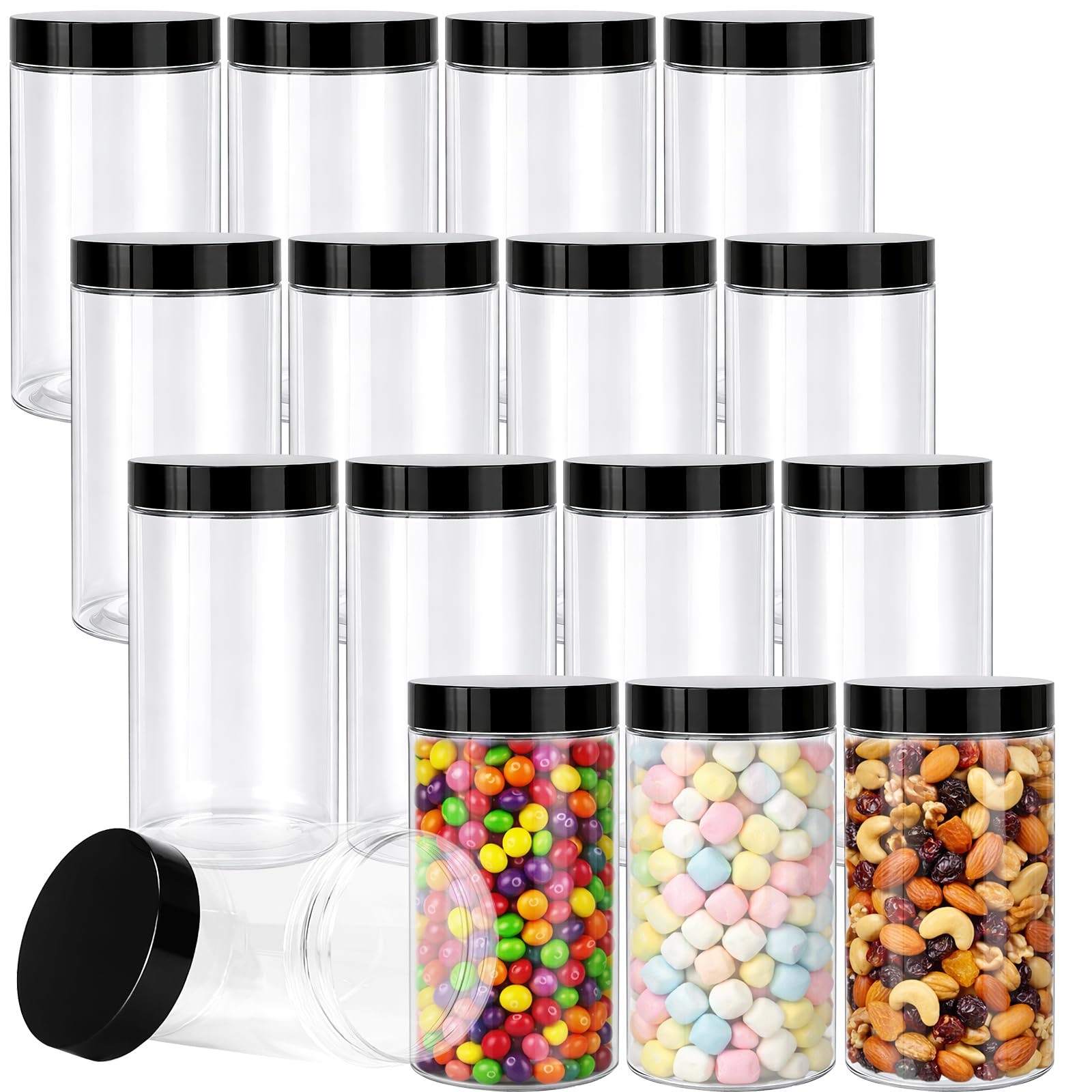 20 Pack Clear Plastic Jars with Black Lids, 14oz Wide Mouth Round Clear Stackable Cosmetic Container with Labels & Pen Empty Food Jars for Kitchen Storage Spices Beauty