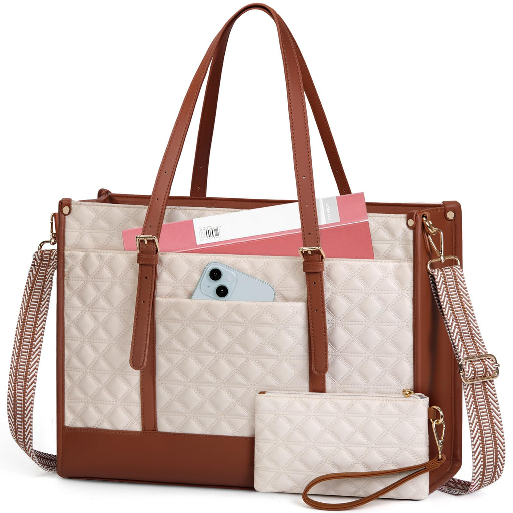 IGOLUMON Laptop Bags for Women Vegan Leather Laptop Bag 15.6 Inch Quilted Work Tote Bag Womens Laptop Briefcase for Business Travel Office Teacher Designer Computer Bag with Purse Beige & Brown