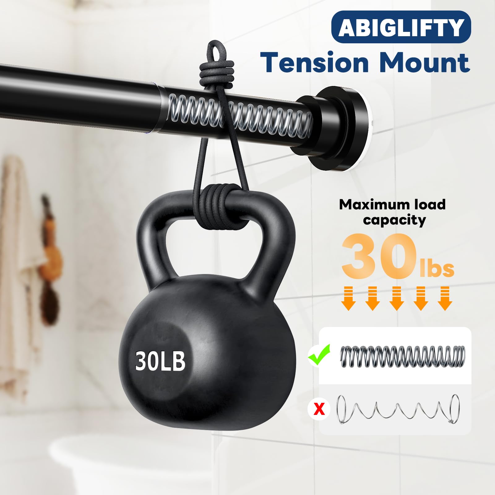 Abiglifty Black Shower Curtain Rod 30~85 Inches, Adjustable Spring Tension Stainless Steel Telescoping Shower Curtain Rods, Non Slip, No Drilling, Sturdy and Durable