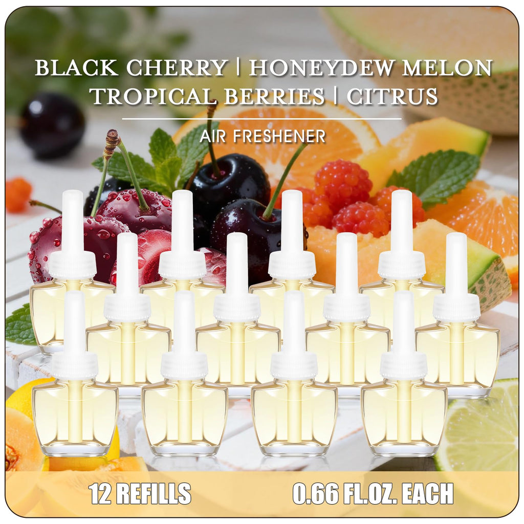 Plug In Air Fresheners for Home, 12ct – Black Cherry, Tropical Berries, Citrus, Honeydew Melon, Wall Plug in Refills, Room Freshener for Home, Compatible with Air Wick & Glade, Not for Glad Plus