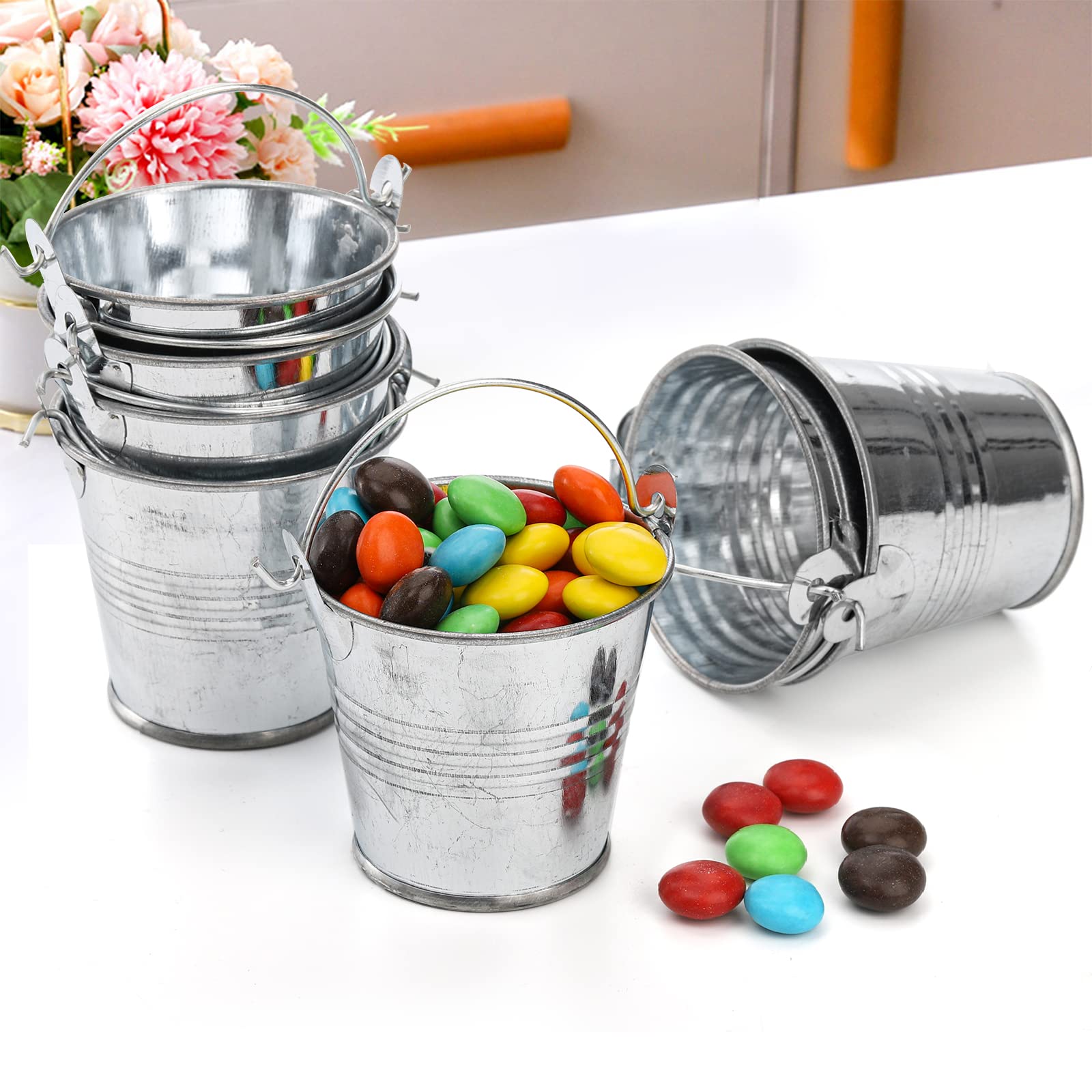 Frcctre 30 Pack Mini Metal Buckets with Handles, 1.6x 2.1 Inch Small Galvanized Tin Pails Metallic Containers Pails for Party Favor Crafts Gift