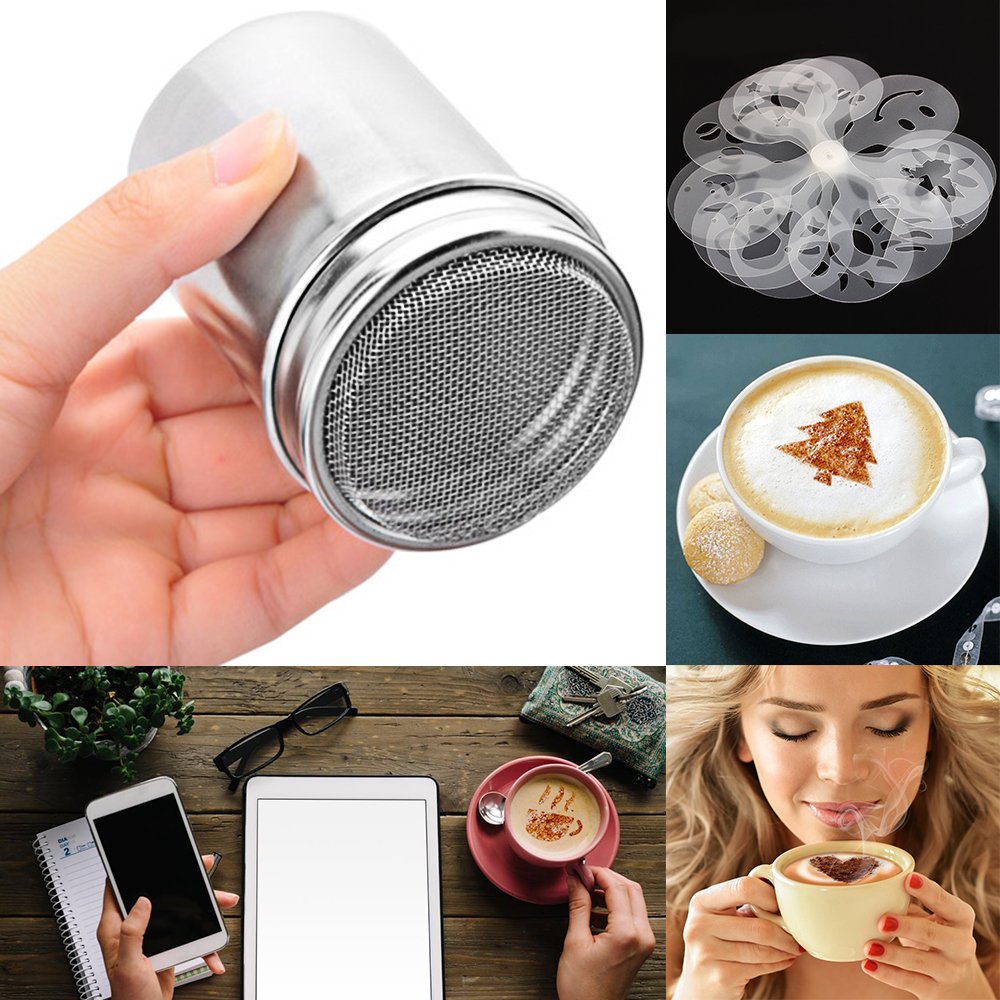 2 Stainless Steel Powder Shakers, SENHAI Mesh Shaker Powder Cans for Coffee Cocoa Cinnamon Powder with Lid, with 16 pcs Printing Molds Stencils
