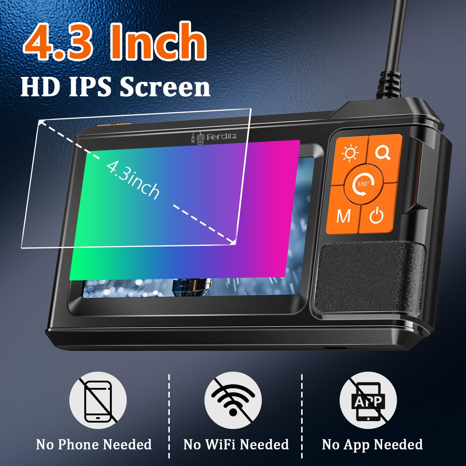 Endoscope Camera with Light, Ferdiiz 1080P HD Borescope with 4.3" IPS Screen, IP67 Waterproof Inspection Camera 8 Adjustable LED Lights, Flexible Endoscopic Camera-16.5FT 5M Semi-Rigid Cable
