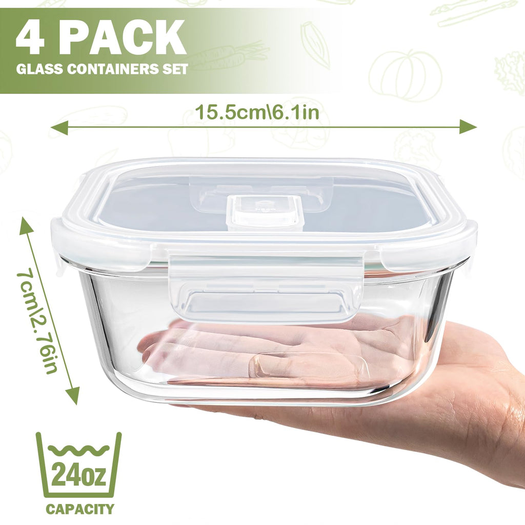 Glass Container Food Storage 24 oz, 3 Cup Small Glass Containers with Lids, Oven Safe Food Storage Containers, Freezer Containers for Kitchen, Take Out and To Go, Soup Container for Food Prep, 4 Pack