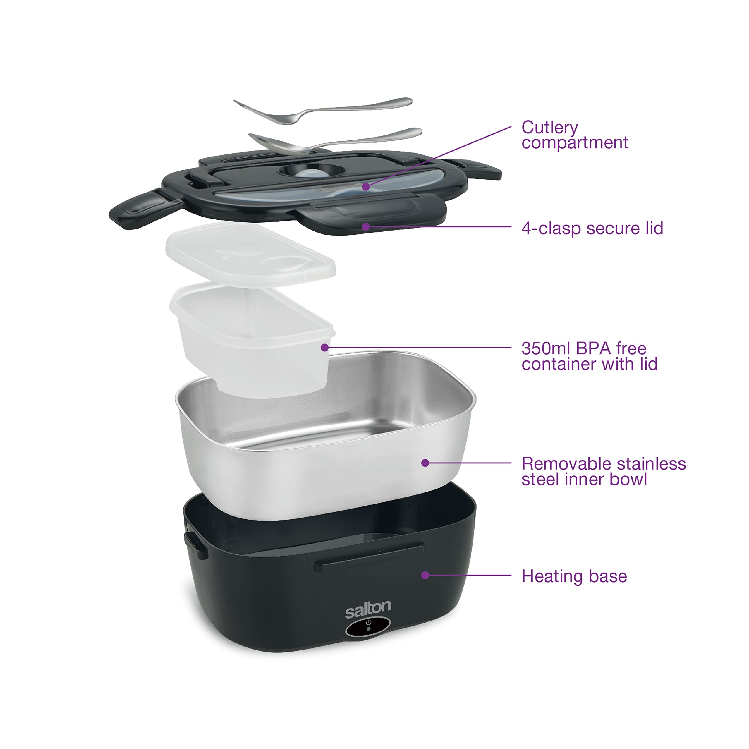 Salton Electric Lunchbox Food Warmer - Portable, Heated Lunch Box for Car & Home with Fork & Spoon, 1.5L