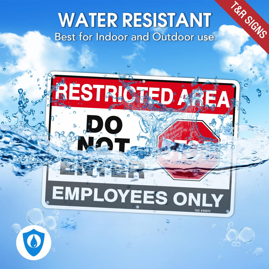 T&R Large Restricted Area Do Not Enter Employees Only Sign - 2 Pack - 14 x 10 Inches Rust Free .040 Aluminum - UV Protected, Waterproof, Weatherproof and Fade Resistant - 6 Pre-drilled Holes