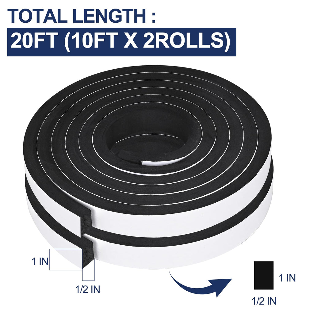 20Ft Foam Tapes Self Adhesive Foam Seal Strips 1In x 1/2In x 10Ft Each Roll Weatherstrips High Resilience Weather Stripping Door Seals for Door Soundproofing, Window Insulation (2R, Black)