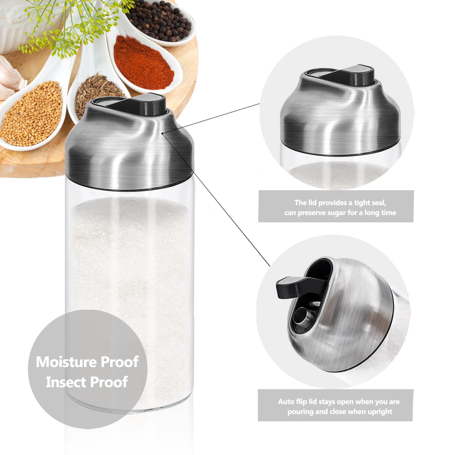 Aelga 12 OZ Glass Sugar Dispenser with Pour Spout, Weighted Pourer, for Coffee,Tea and Baking
