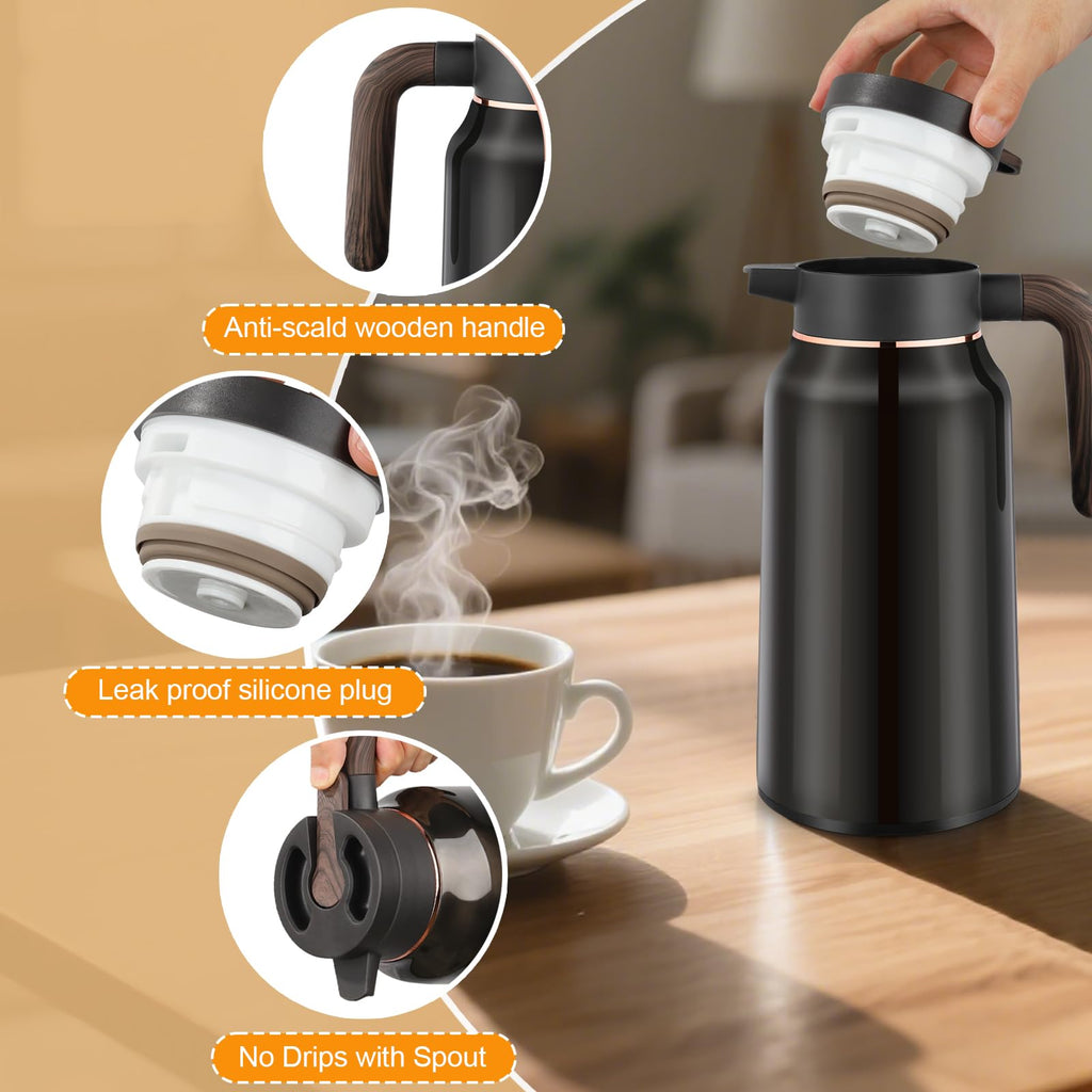 70oz Vacuum Insulated Coffee Carafe - 2L Stainless Steel Thermal Insulated Jug with Ergonomic Handle for Coffee, Tea & Water, Drip-Free Double Wall Design Keeps Beverages Hot/Cold (Black)
