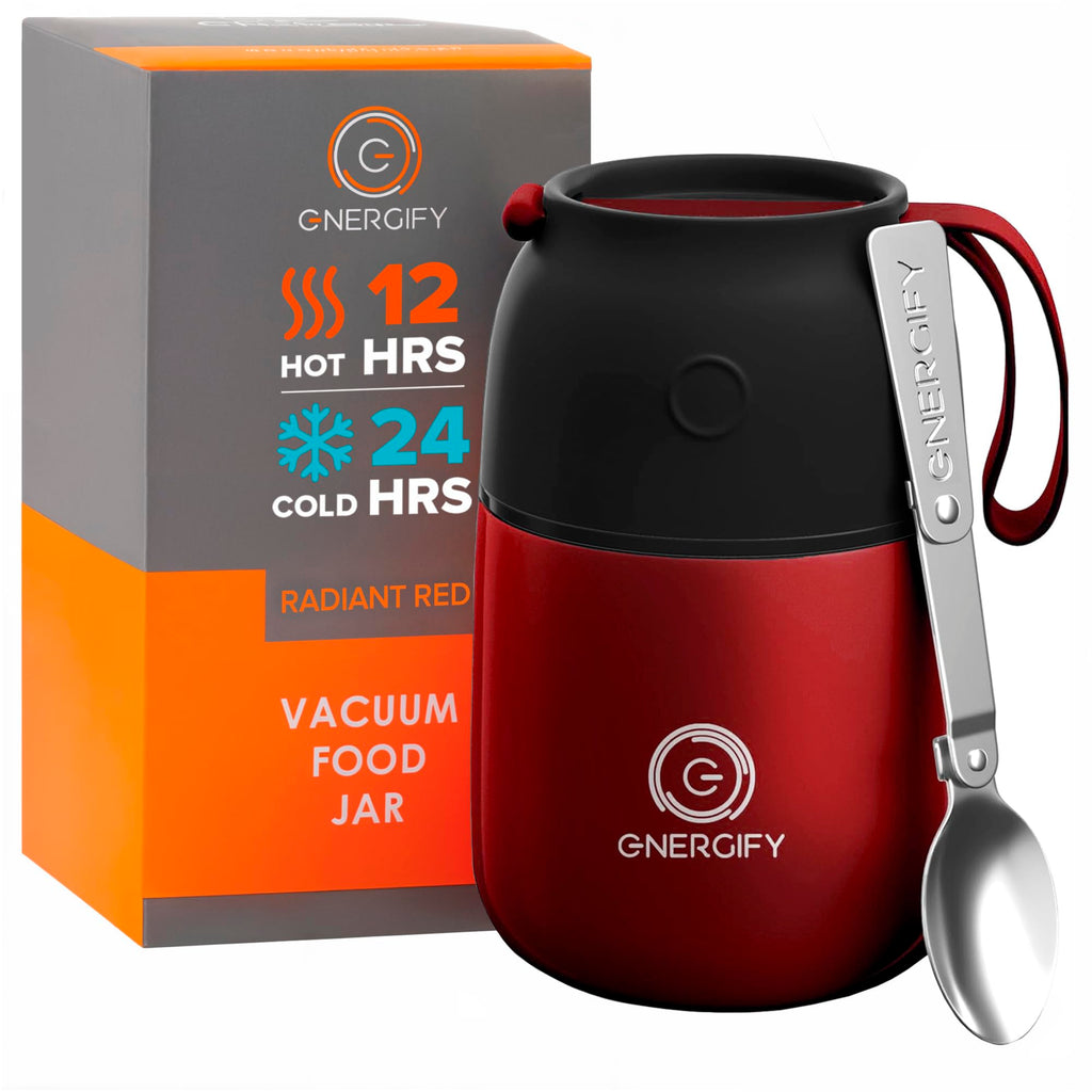 Vacuum Insulated Food Jar. Bowl incl. Folding Spoon, Cup. Wide Mouth Keep Hot & Cold Drinks Soup Lunch Container for Adults. BPA-Free Stainless Steel, Leak Proof Radiant red, 17oz