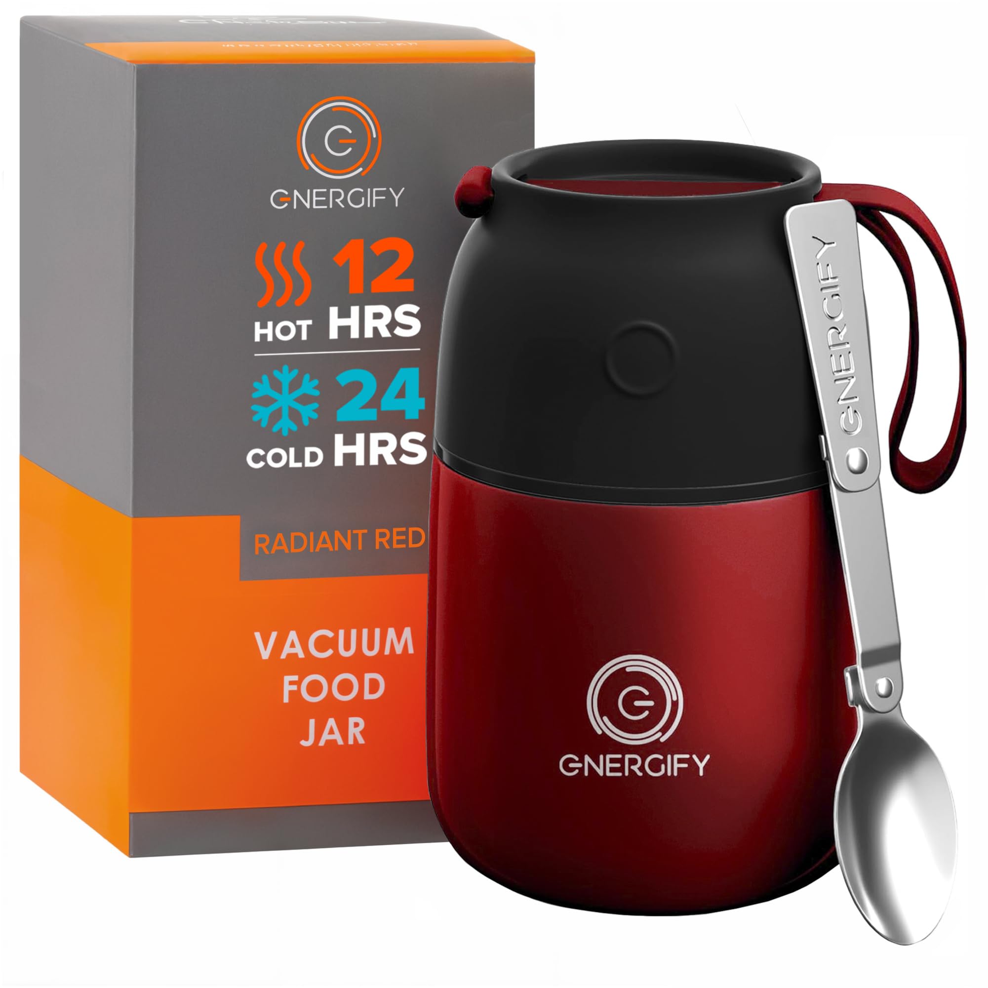 Vacuum Insulated Food Jar. Bowl incl. Folding Spoon, Cup. Wide Mouth Keep Hot & Cold Drinks Soup Lunch Container for Adults. BPA-Free Stainless Steel, Leak Proof Radiant red, 17oz
