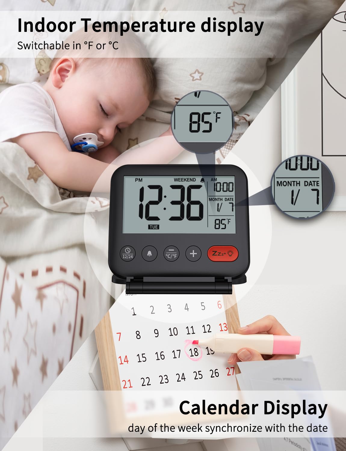 NOKLEAD Digital Travel Alarm Clock - 3.23 inch LCD Display, Temperature, 9-Minute Snooze, 10s Backlight, Battery Included (Black)