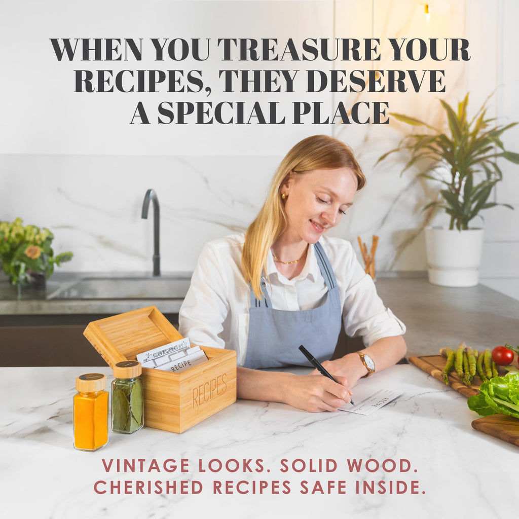 Recipe Box with Cards and Dividers by Apace - Vintage Style Wood 4x6 Recipe Holder Card Box - Exclusively from the Apace Living Premier Collection - Fits 240 Cards (Bamboo)