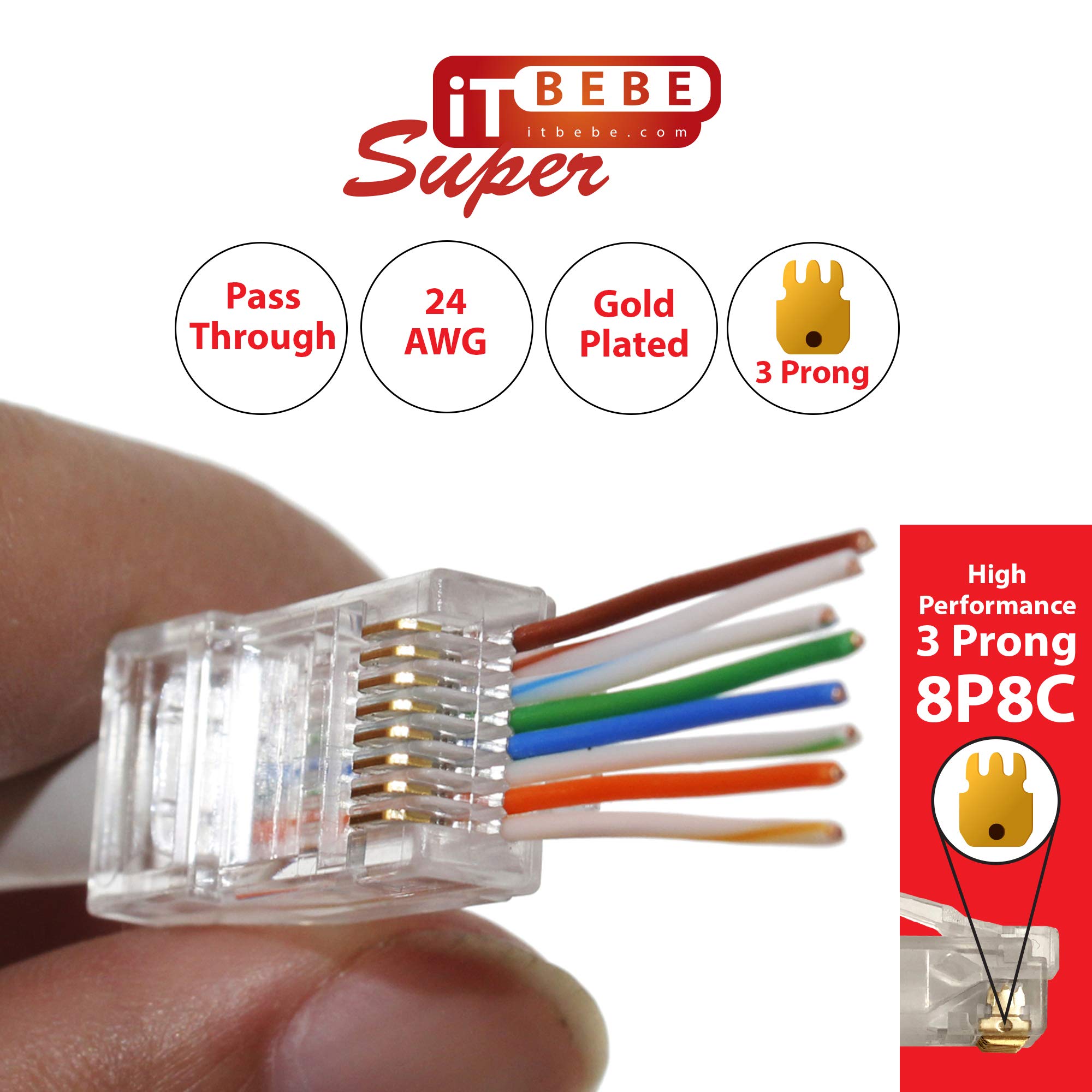 ITBEBE 100 Pieces RJ45 Cat6 Pass Through Connectors - Gold Plated Transparent Passthrough Ethernet Insert Crimp Connector UTP Network Plug for 24 AWG Cables (100 Pieces)
