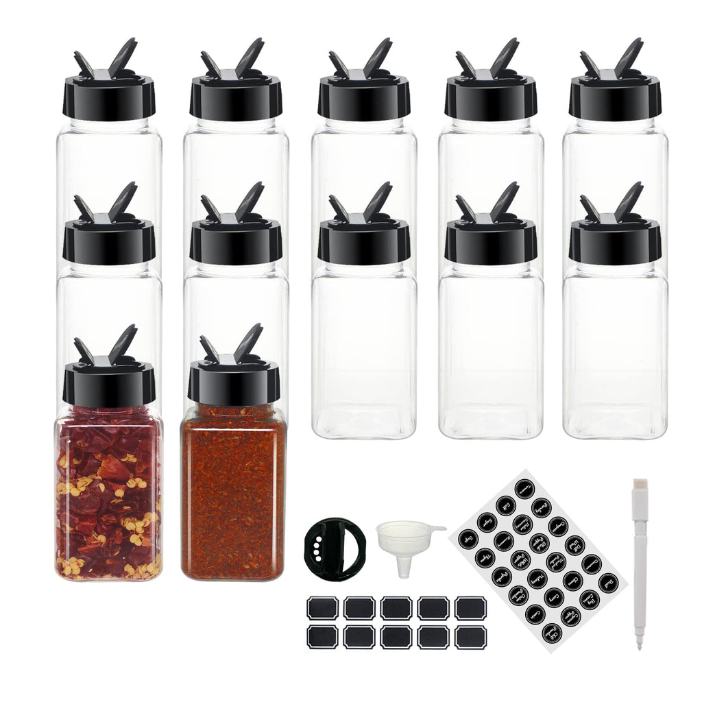 BPFY 12 Pack 4oz Clear Plastic Spice Jars With Black Lids, Square Spice Bottles, Plastic Seasoning Containers with Chalk Labels, Pen, Funnel, Spice Containers For Kitchen Cabinet