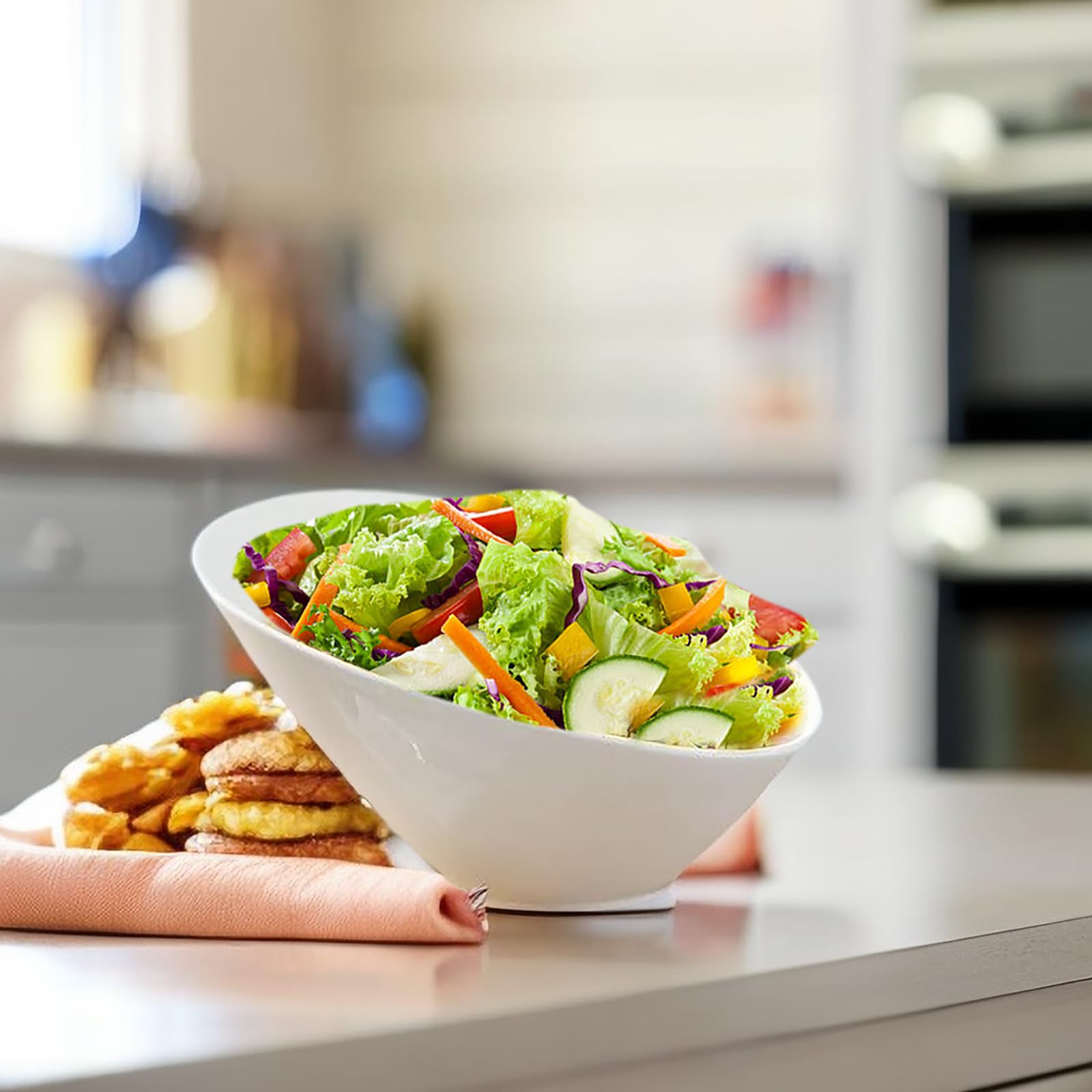 Yesland 2 Pack Porcelain Angled Serving Bowls - 26 oz White Salad Bowls - Ceramic Pasta Bowls for Cereal, Soup, Salad, Rice, Prep