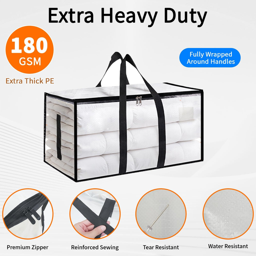 6 Pack-Extra Large Heavy Duty Moving Bags - Waterproof Storage Totes with Handles & Zippers, Foldable for College Dorm, Storage (Clear)