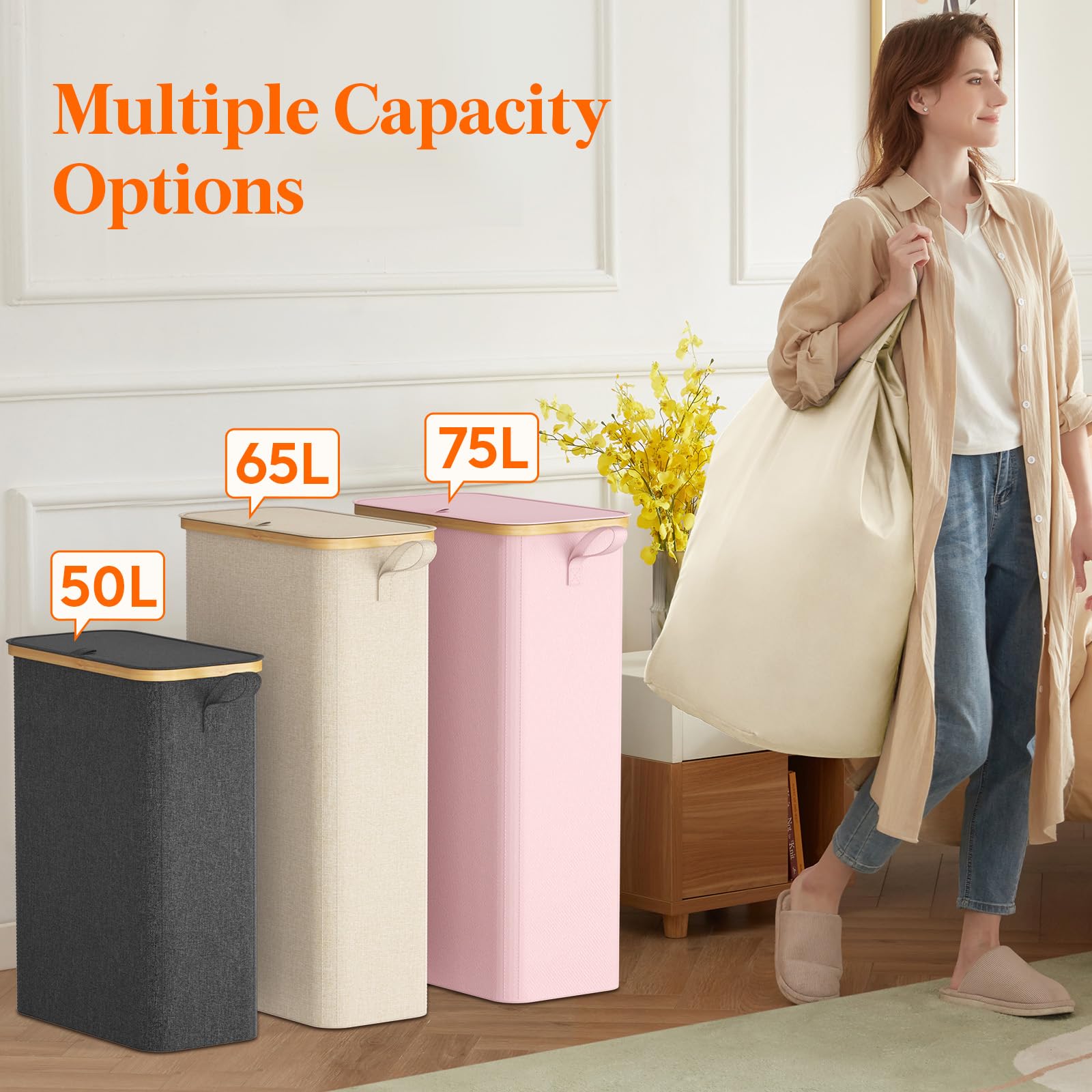 Lifewit 65L Slim Laundry Basket, Laundry Hamper with Lid, Narrow Laundry Bin with Removable Bag & Bamboo Handles, Foldable Thin Dirty Clothes Hamper for Laundry Centres Bathroom Bedroom Dorm, Beige