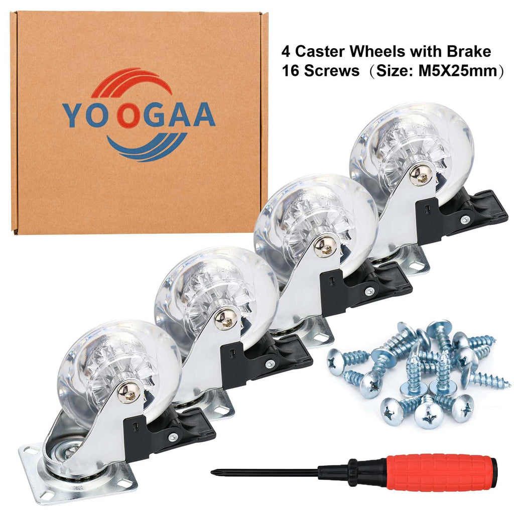 Clear Caster Wheels 3 Inch Casters Set of 4 Heavy Duty, Locking Industrial Casters with 360 Degree No Noise Transparent Polyurethane Wheels, Swivel Plate Casters with Brake - Pack of 4