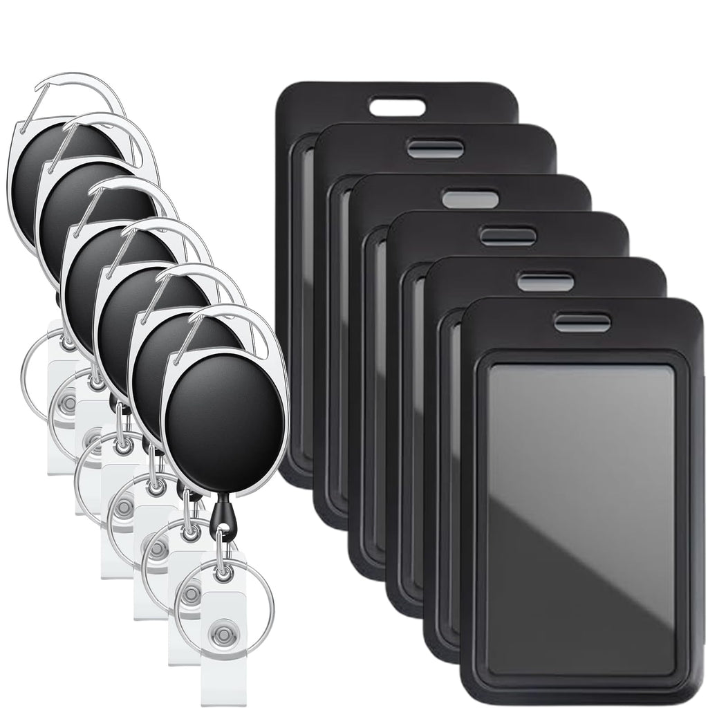 Syyflibb Black Badge Holders with Retractable Keychains – Multi-Card ID Card Holder Reels for Work, Office, Lanyards (Fits 2-3 Cards) (6, Black)