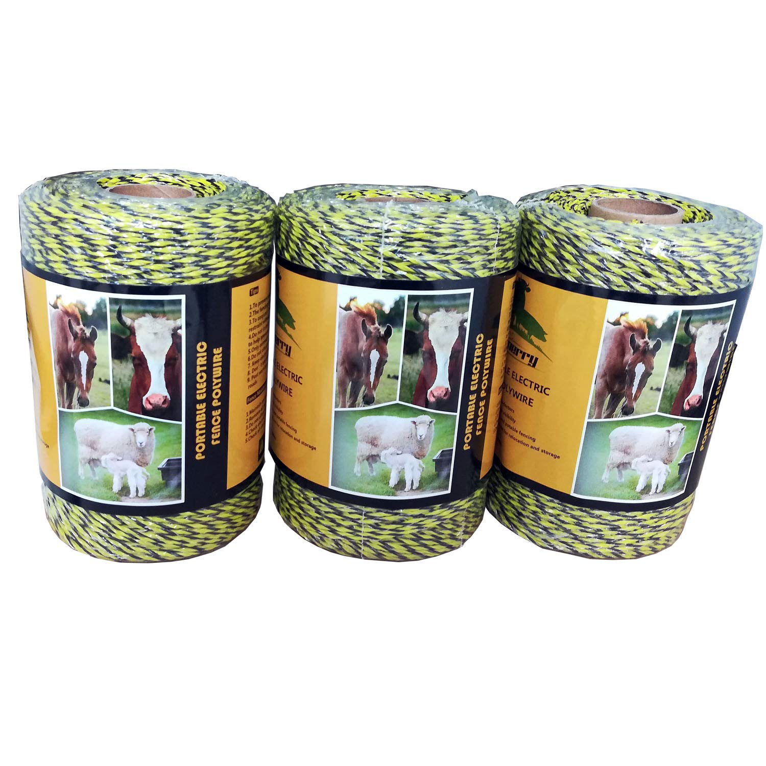 Farmerry Portable Electric Fence Polywire with 6 Conductors, Yellow and Black, 656 Feet, 200 Meters