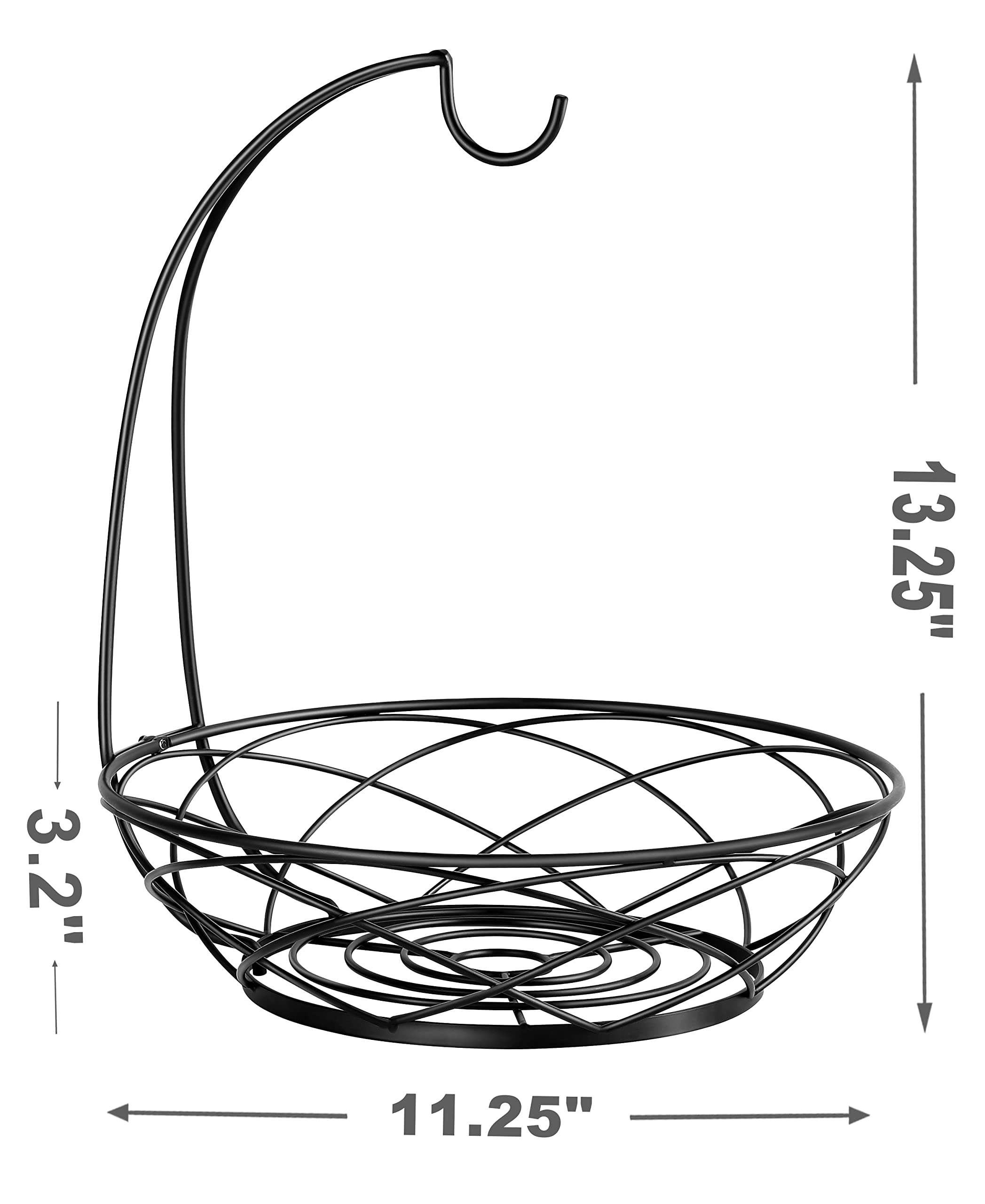 Fruit Bowl with Banana Hanger - Fruit Basket for Kitchen Counter with Holder - Black Chrome
