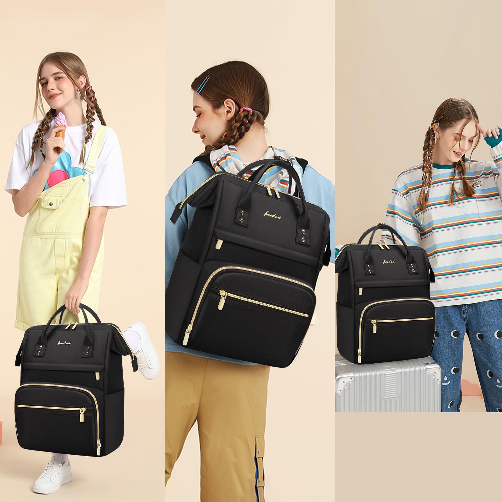 Women Laptop Backpack Work Bag - Fits 15.6 inch with Laptop Compartment Waterproof Professional Fashion Travel Purse for College Nurse Business Computer Backpack Black