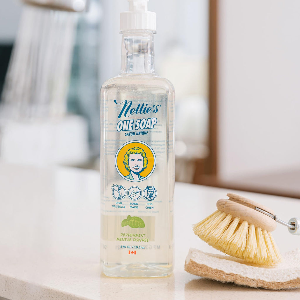 Nellie's One Soap - Peppermint Scented - Gentle Multi-Purpose Cleaner for Dishes, Surfaces, and Hands - Hypoallergenic, Plant-Based, Chemical-Free, and Soft on Skin - 19.2 oz - (Made in Canada)