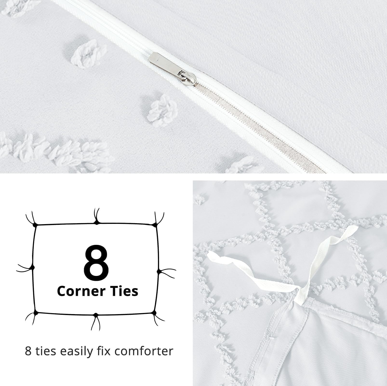HYMOKEGE Duvet Cover Queen Size, Boho Tufted Duvet Cover Set 3 Pieces, Soft & Lightweight Shabby Chic, Embroidery Bedding Set for All Seasons, 90" × 90" & 2 Pillow Shams, White