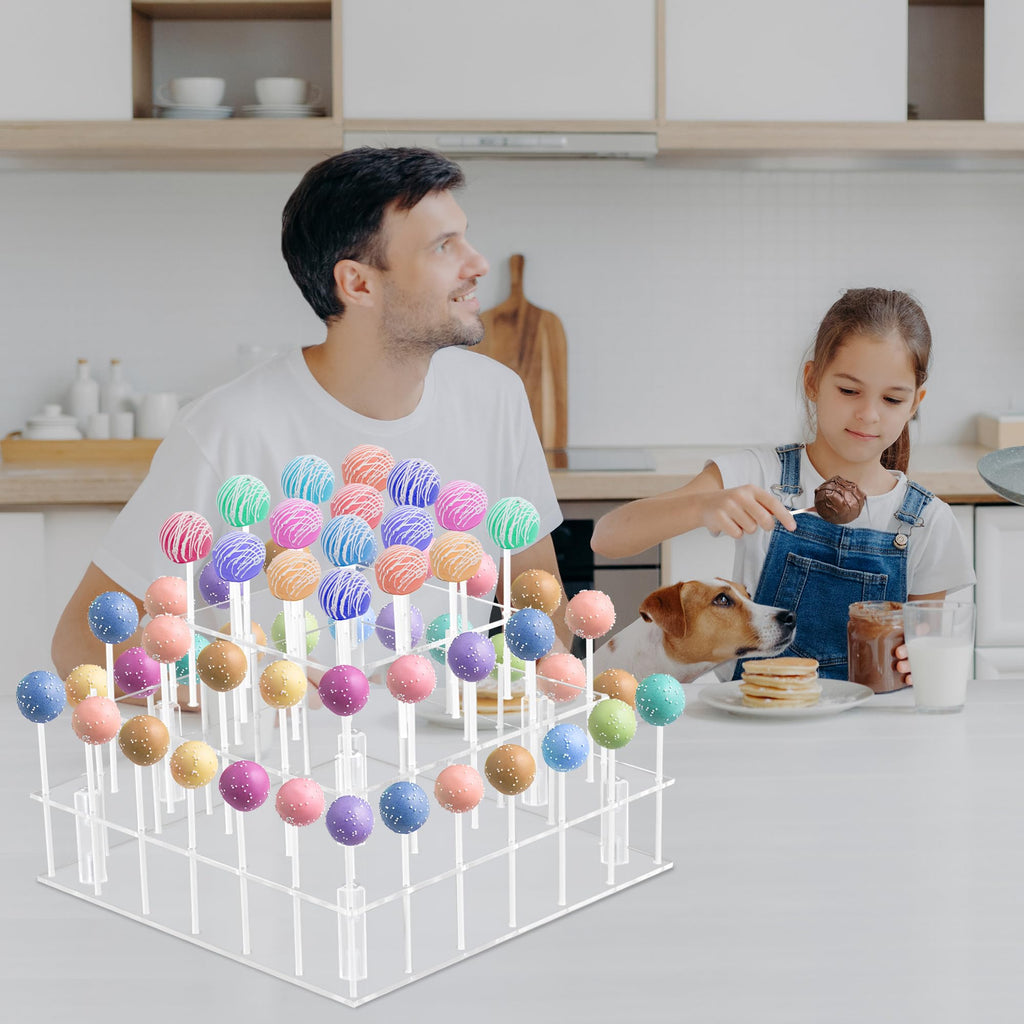 3 Tier Cake Pop Stand, 56 Holes Acrylic Cake Pop Holder Stand, Clear Cake Pop Display Stand Holder, Lollipop Square Display Stand with Sticks and Wrappers for Weddings Birthday Parties