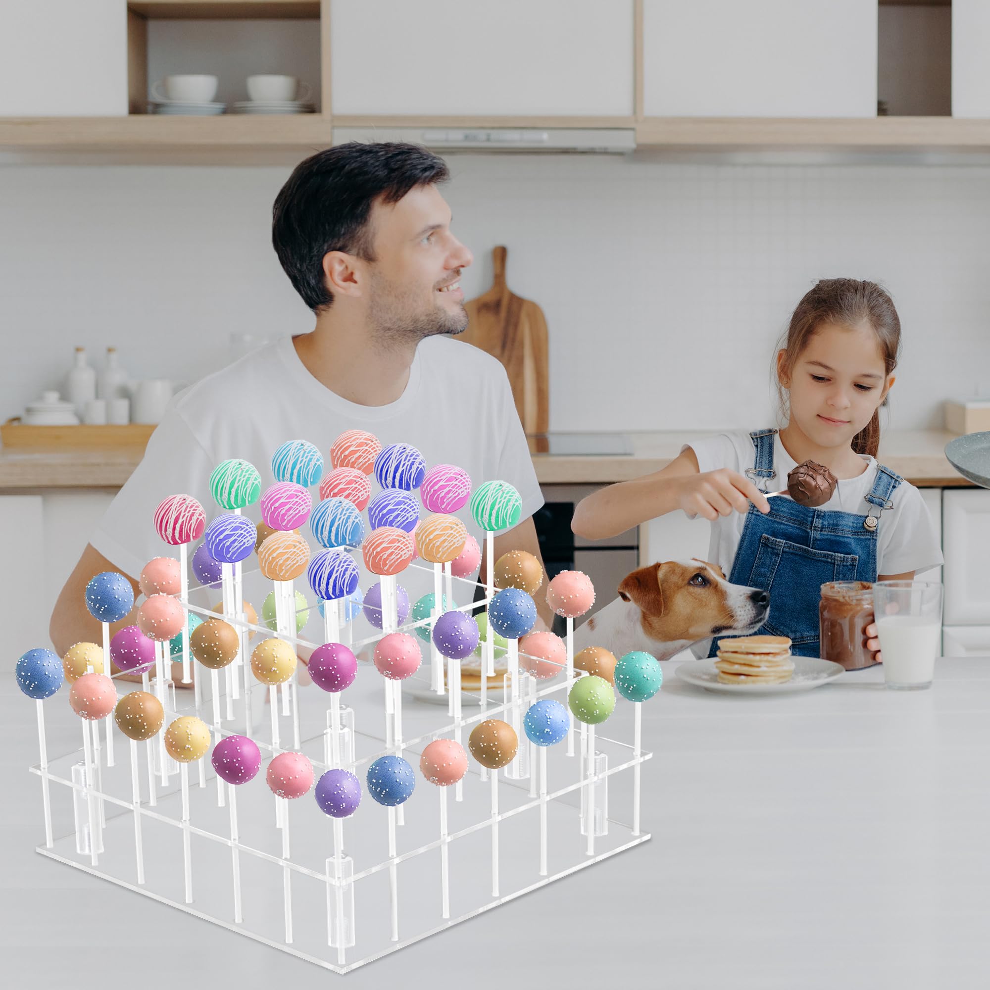3 Tier Cake Pop Stand, 56 Holes Acrylic Cake Pop Holder Stand, Clear Cake Pop Display Stand Holder, Lollipop Square Display Stand with Sticks and Wrappers for Weddings Birthday Parties