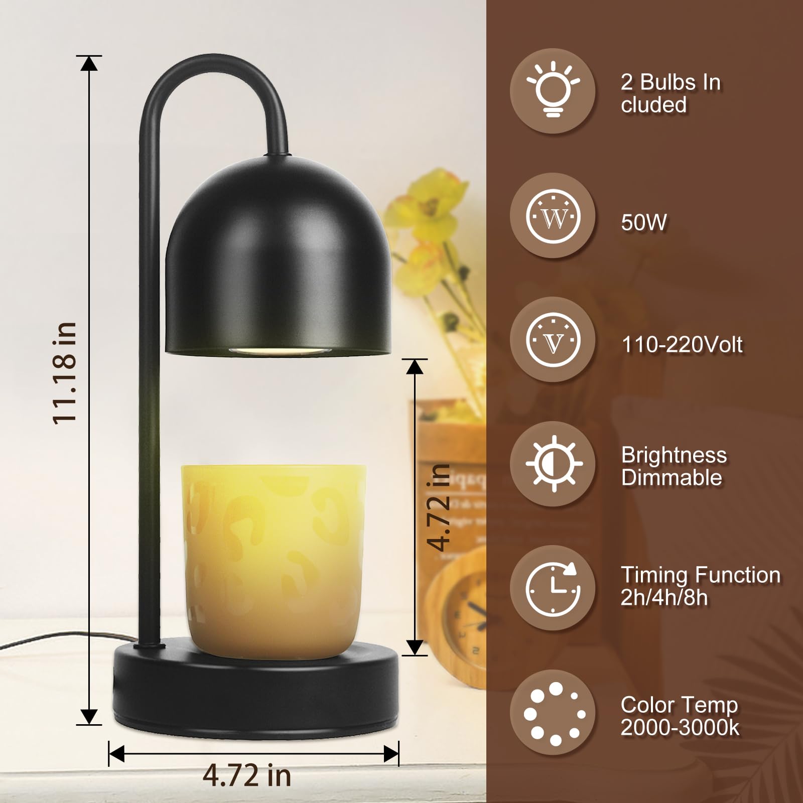 YudouTech Dimmable Candle Warmer Lamp - Black Small Metal Candle Wax Warmer with 2 * 50W Bulbs, Timer & Dimmer, Perfect for Bedroom and Living Room Decor