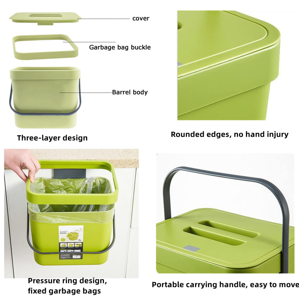 Compost Bin for Kitchen, 1.8 Gallon Hanging Small Trash Can with Lid, Sealed Food Waste Bucket for Counter Top or Under Sink, Indoor Garbage Bins for Bathroom, Bedroom, Living Room, Office (Black)