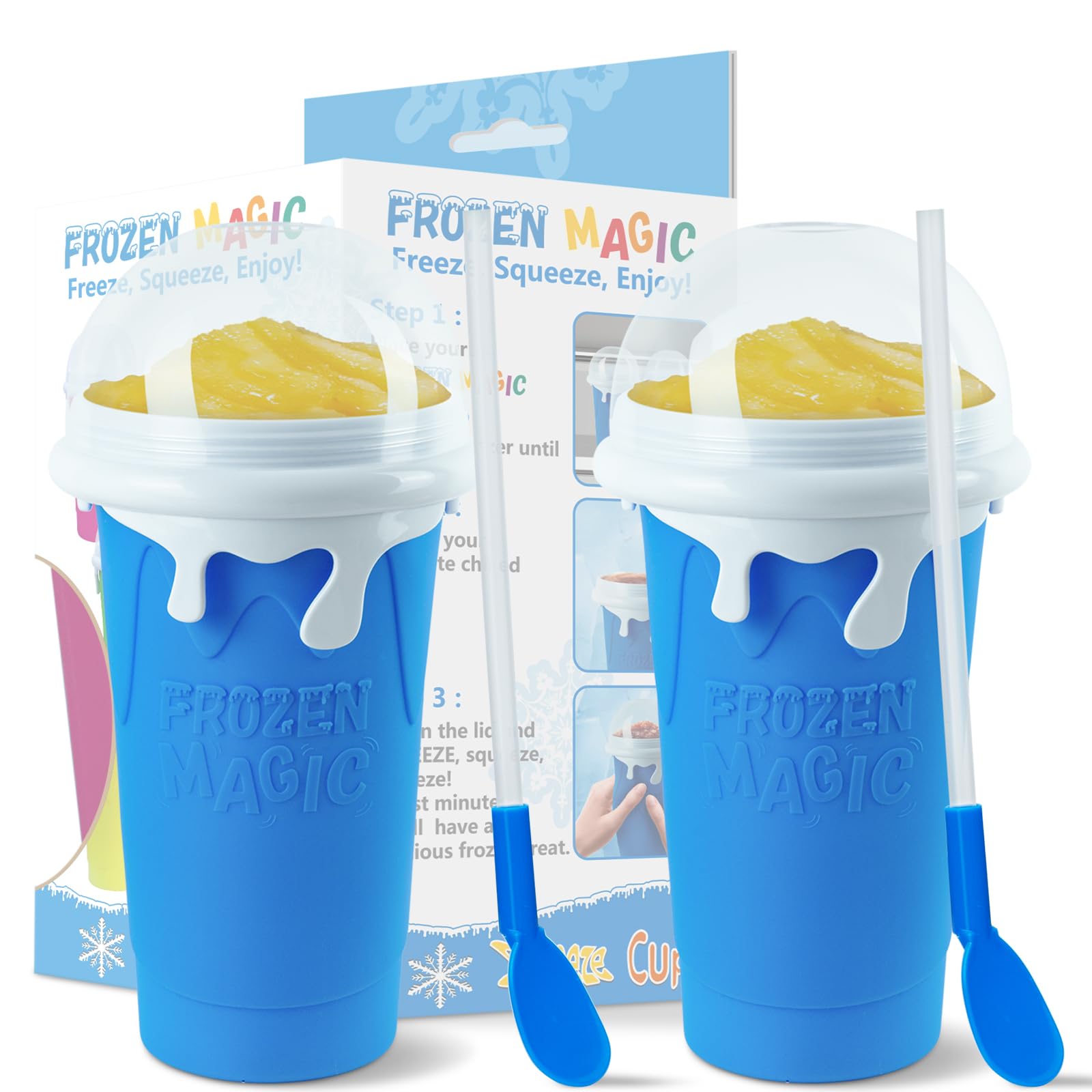 2 Pairs Slushy Maker Cup, Frozen Magic Squeeze Cup, 16.9 oz/500ml Slushy Squeeze Cup for Homemade Milkshake, Magic Slushy Maker Squeeze Cup, DIY Smoothie Maker (2 in Blue)