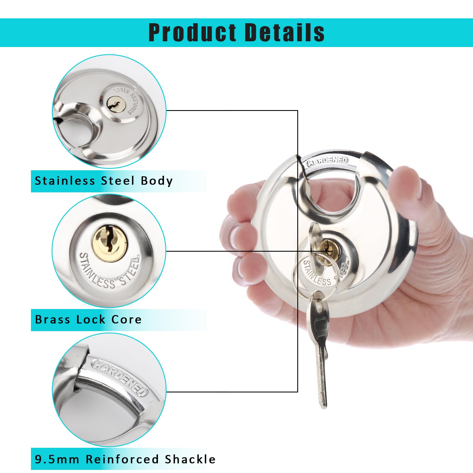 2Pack Padlocks Keyed Alike, 2-3/4"(70mm) Disc Locks for Storage Unit, Stainless Steel Locks with 4 Keys, Outdoor Waterproof Storage Lock for Storage Locker, Shed, Gate, Fence, Warehouse