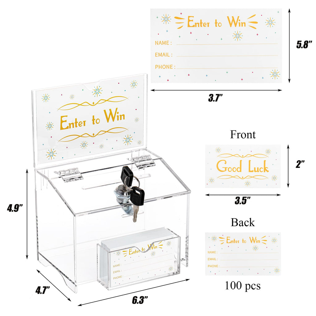 ZENFUN Acrylic Donation Box with Lock and Sign Holder, 6.3x4.7x4.9 Inches Clear Ballot Box Voting Storage Box Comments Container with 100pcs Tickets Cards for Raffle, Tip Jar, Collection, Voting