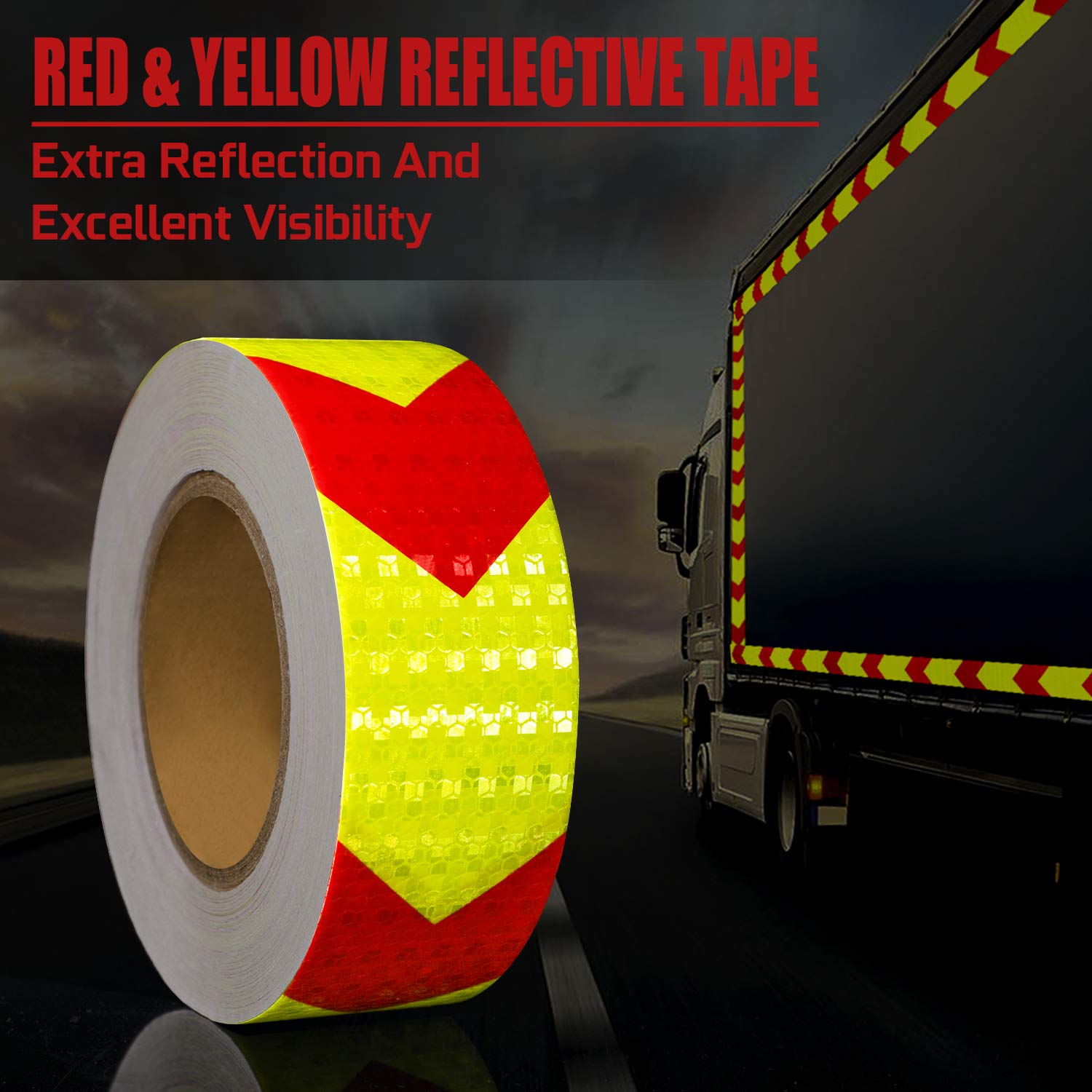 SEVEN SPARTA Arrow Reflective Safety Tape 2 Inch x100 Feet Caution Reflector Waterproof Outdoor Conspicuity Tape for Vehicles, Trailers, Boats, Signs (Red and Yellow)