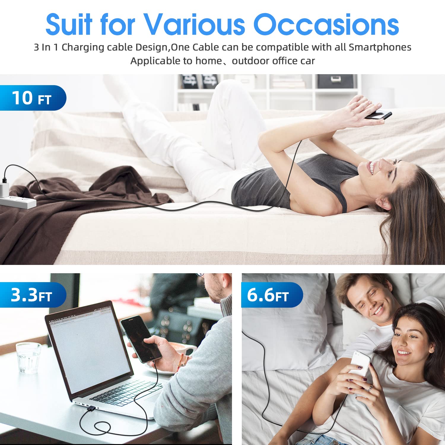 Magnetic Charging Cable, 540° Rotating Phone Charger [6-Pack, 3ft/3ft/3ft/6ft/6ft/10ft] 3 in 1 USB Cable Nylon Braided for iProduct/Micro USB/Type C Device