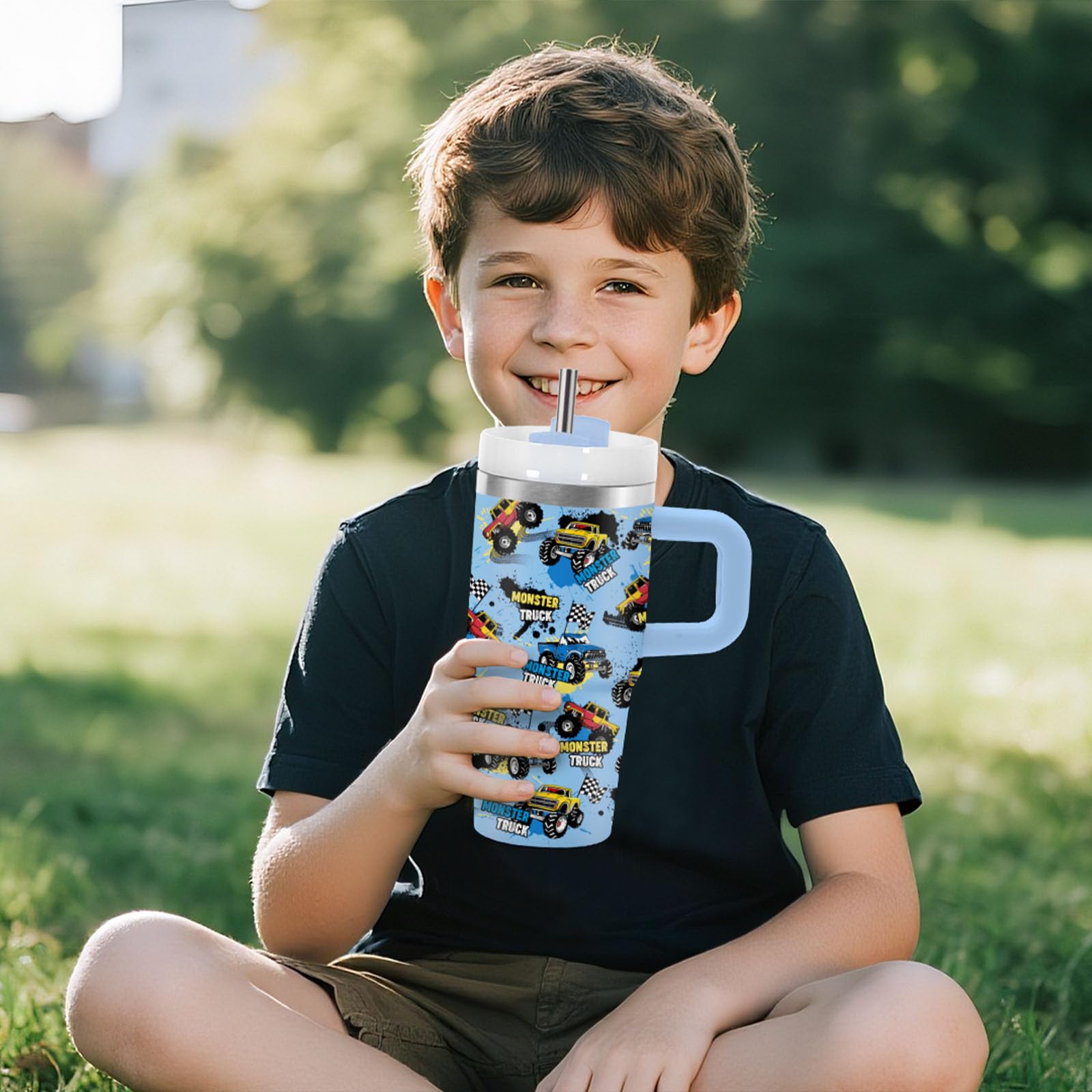 Monster Truck Tumbler with Handle for Kids 14oz, Insulated Stainless Steel Monster Trucks Mug Cup for Boys, Birthday Christmas Gifts for School, Sports