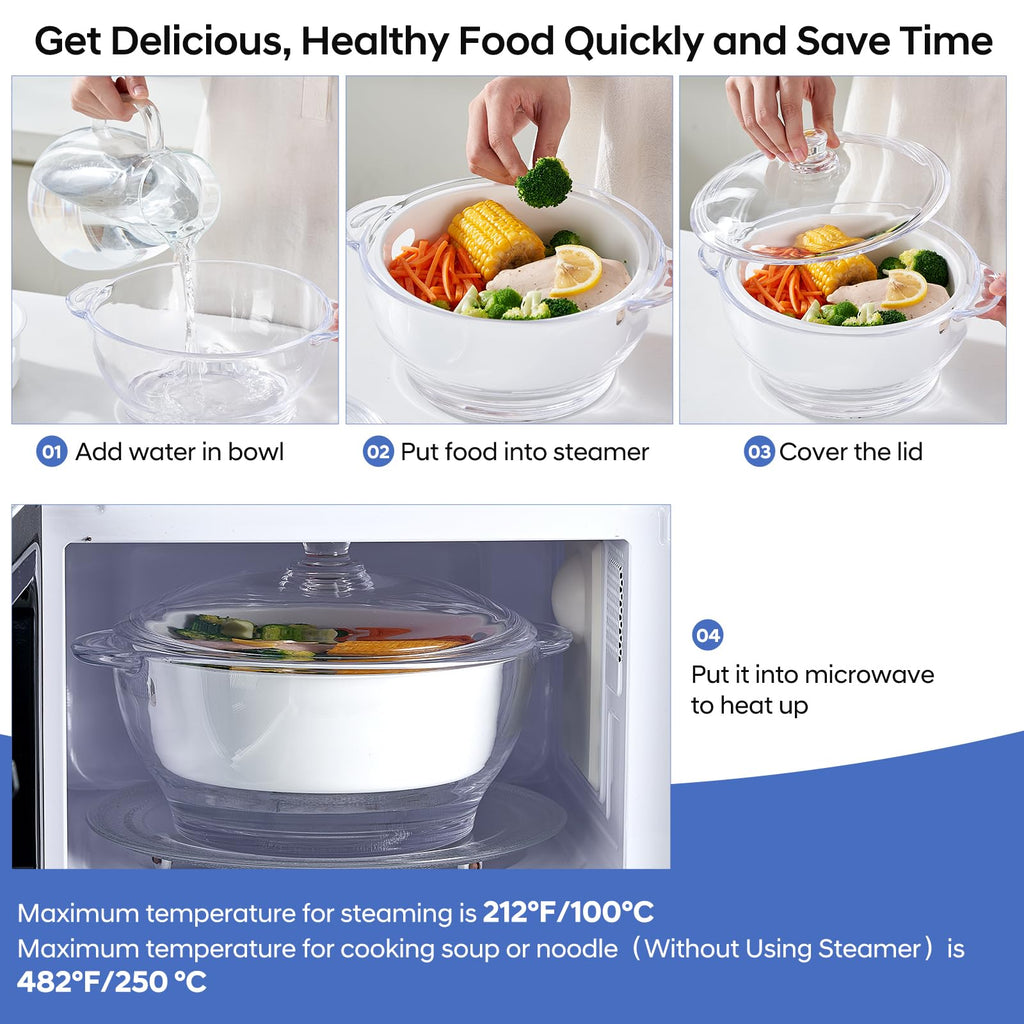 2.5L Glass Microwave Vegetable Steamer, Steamer for Cooking, Microwave Dumpling Fish Broccoli Bun Potato Food Cooker with Lid & Steaming Basket for Convenient Quick Healthy, BPA-Free, Dishwasher Safe