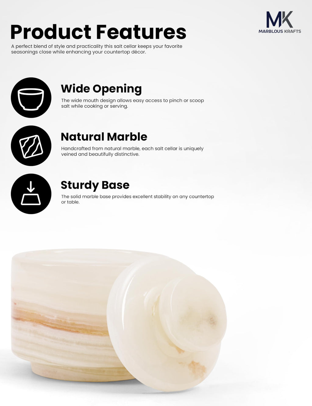 MARBLOUS KRAFTS stylish marble sugar dispenser 3" X 3" salt cellar, single salt container with lid (White Onyx)