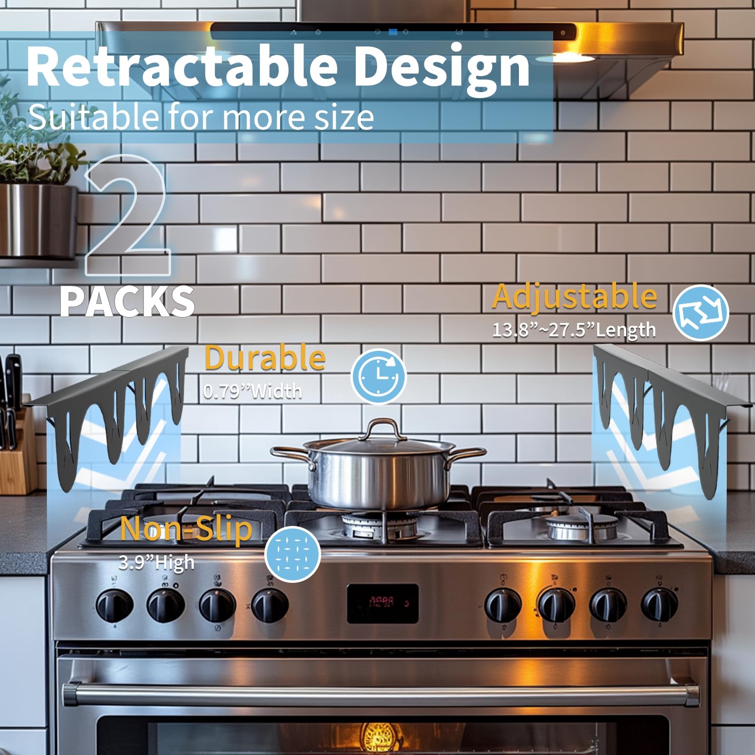 Stainless Steel Stove Counter Gap Cover (2 Pack, Black), Stove Gap Guard, Stove Gap Filler for Kitchen, Range Trim Kit, Heat Resistant with Easy Clean, Adjustable Length 13.8” to 27.5”