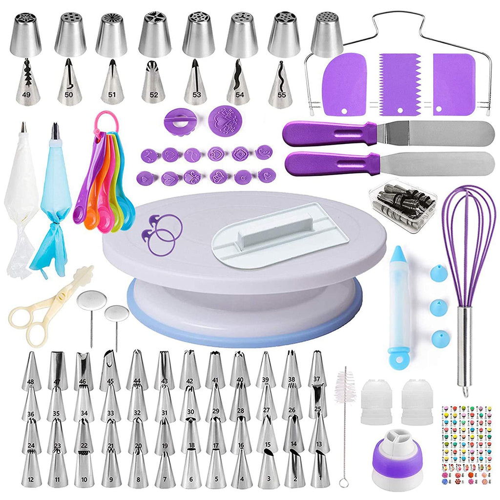 BESUNTEK Cake Decorating Supplies Kit with Turntable, 137 Pcs Reusable Stainless Steel Professional Cake Decorating Kit, Piping Bags, Baking Supplies, Purple