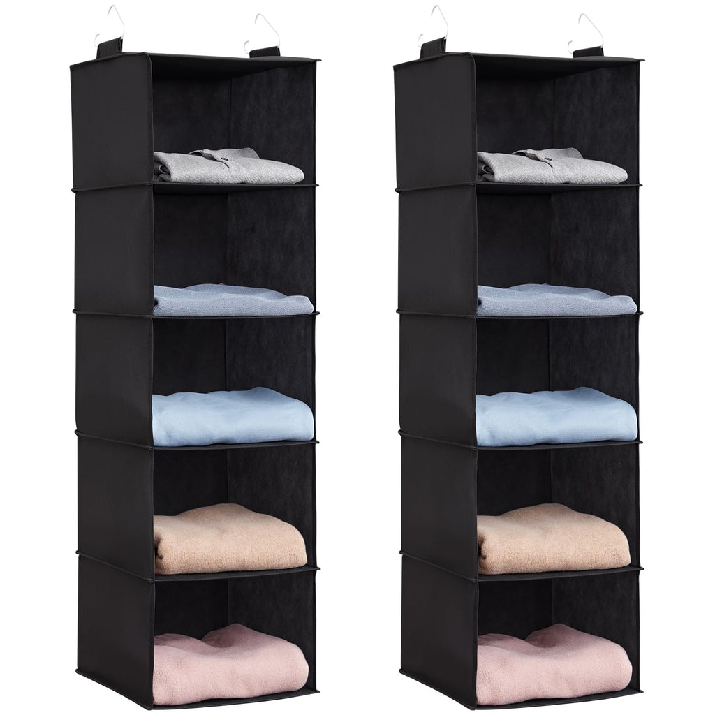 Lifewit Hanging Closet Organizer and Storage with 2 Sturdy Hooks, Rangement Garde Robe with Metal Hooks, Closet Shelf Hanging Wardrobe Organizers for Clothes, Towels, Shoes, 5 Shelves, 2 Pack, Black
