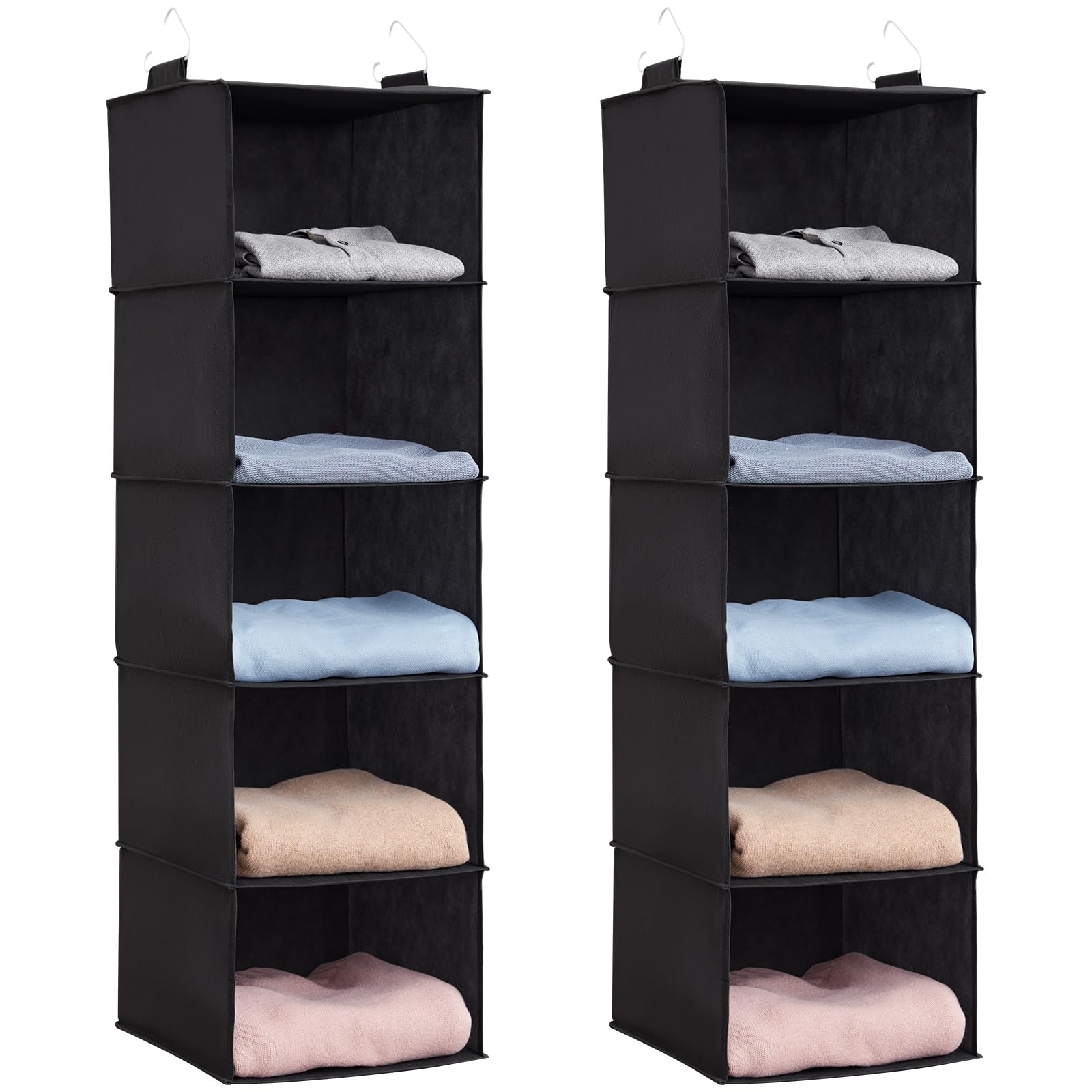 Lifewit Hanging Closet Organizer and Storage with 2 Sturdy Hooks, Rangement Garde Robe with Metal Hooks, Closet Shelf Hanging Wardrobe Organizers for Clothes, Towels, Shoes, 5 Shelves, 2 Pack, Black