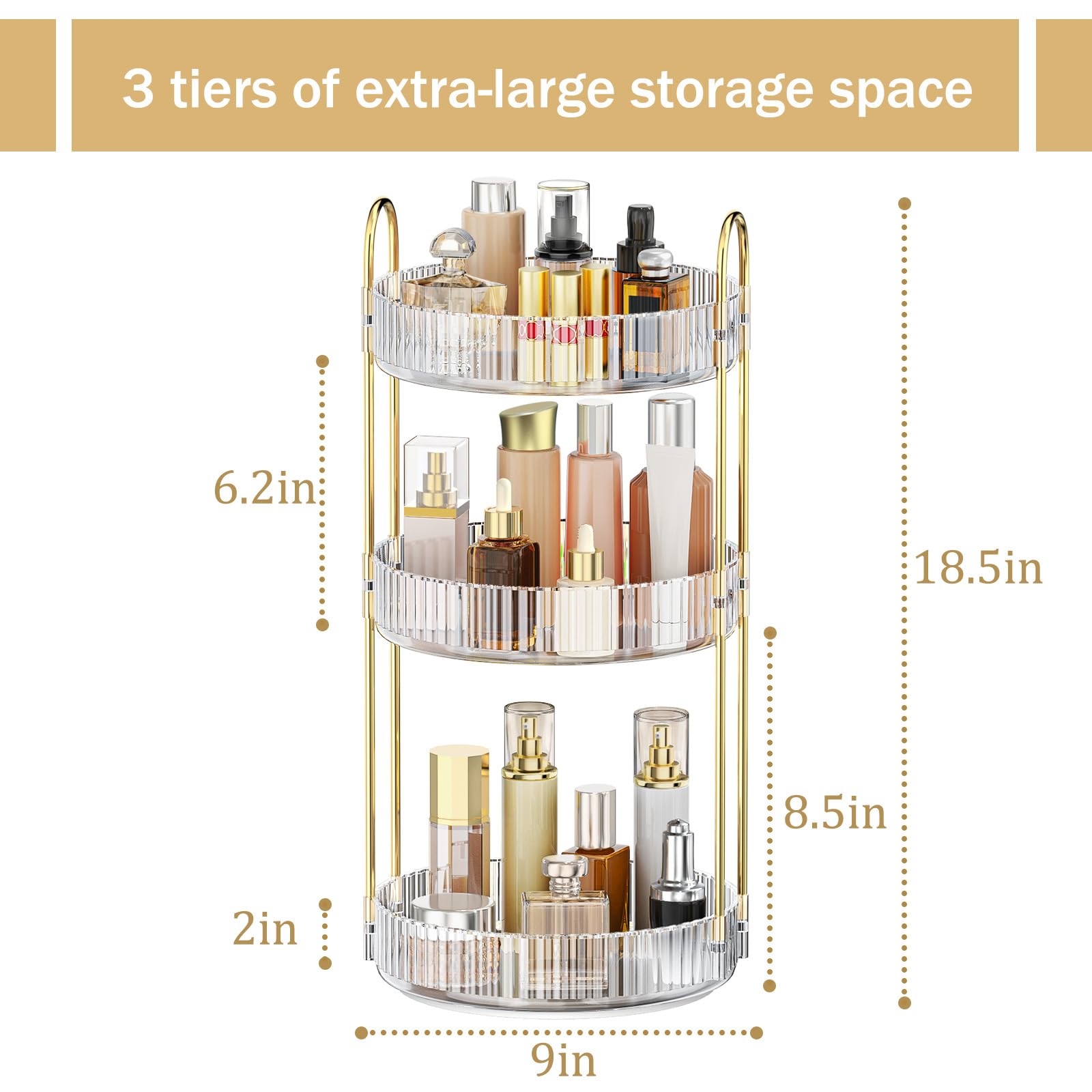 Mokani 360 Rotating Makeup Organizer, 3 Tiers Perfume Organizer, Large Capacity Cosmetic Skincare Storage, Multi-Function Perfume Stand for Vanity, Bathroom and Bedroom, Clear