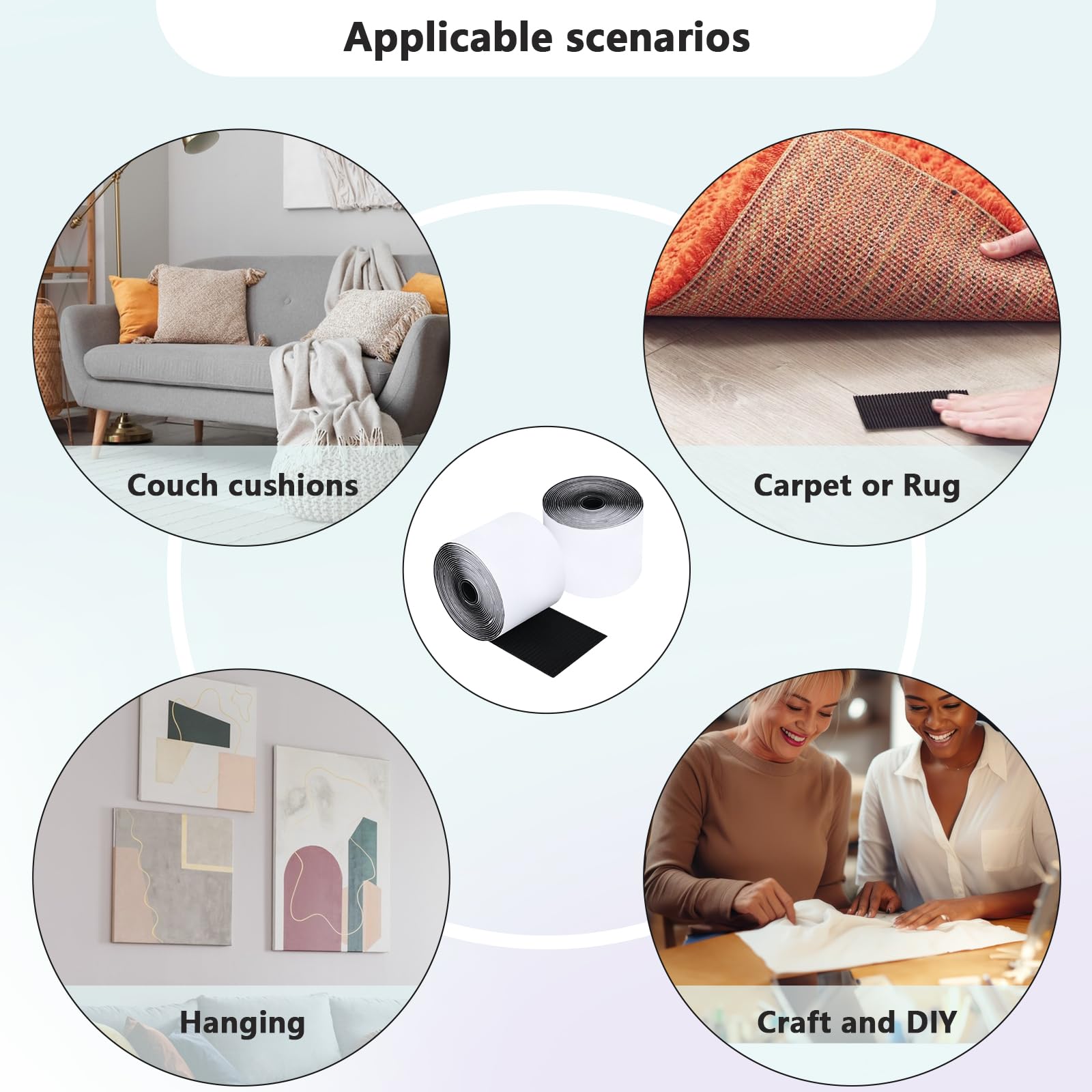 4 In x 18 Ft Hook and Loop Tape Strips with Adhesive Heavy Duty Keep Couch Cushions from Sliding, Outdoor Double Sided Hook Loop Rolls Rug, Mattresses Non Slip Grip, Sticky Straps Wall Hanging Strips